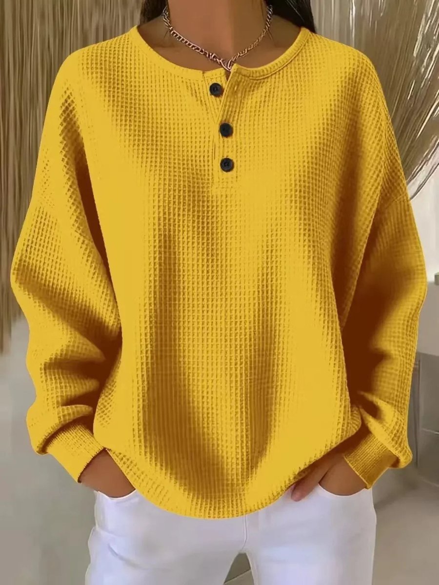 Women's Waffle Knit Henley Sweater – Yellow
