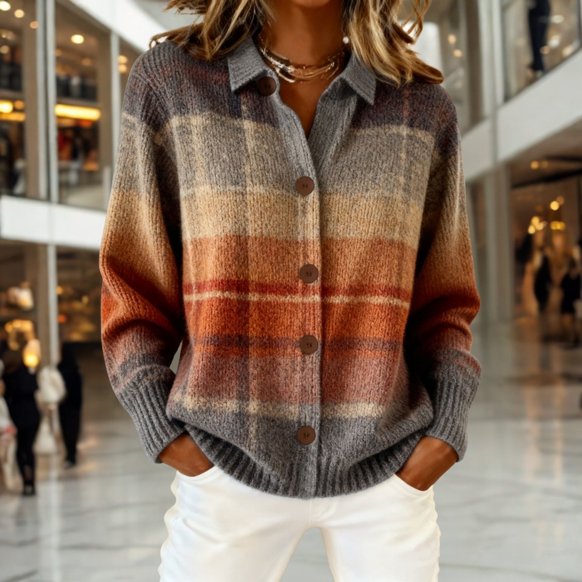 Women's Plaid Button-Down Knit Cardigan – Multicolor
