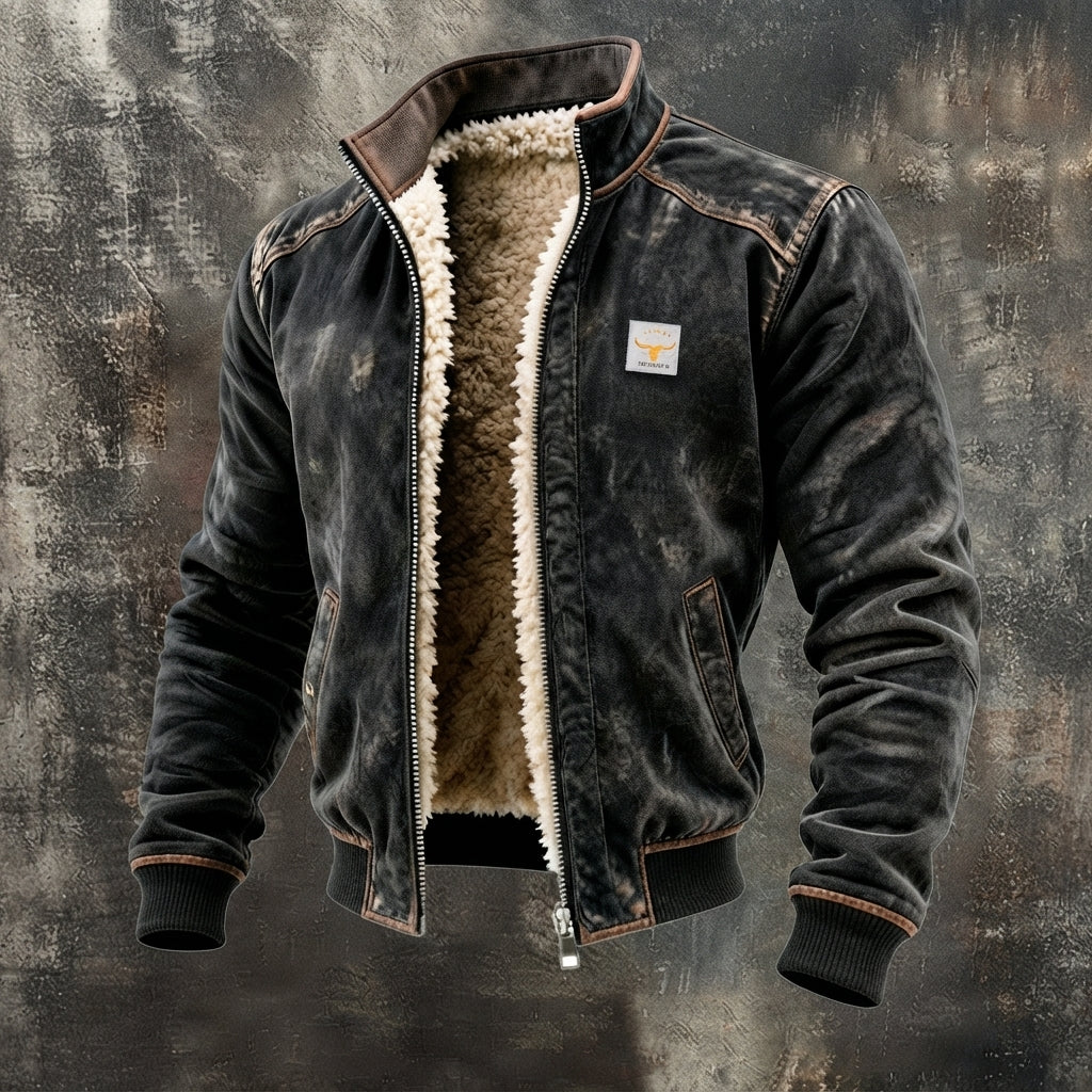 Men's Fleece-Lined Bomber Jacket with Stand Collar and Full Zip