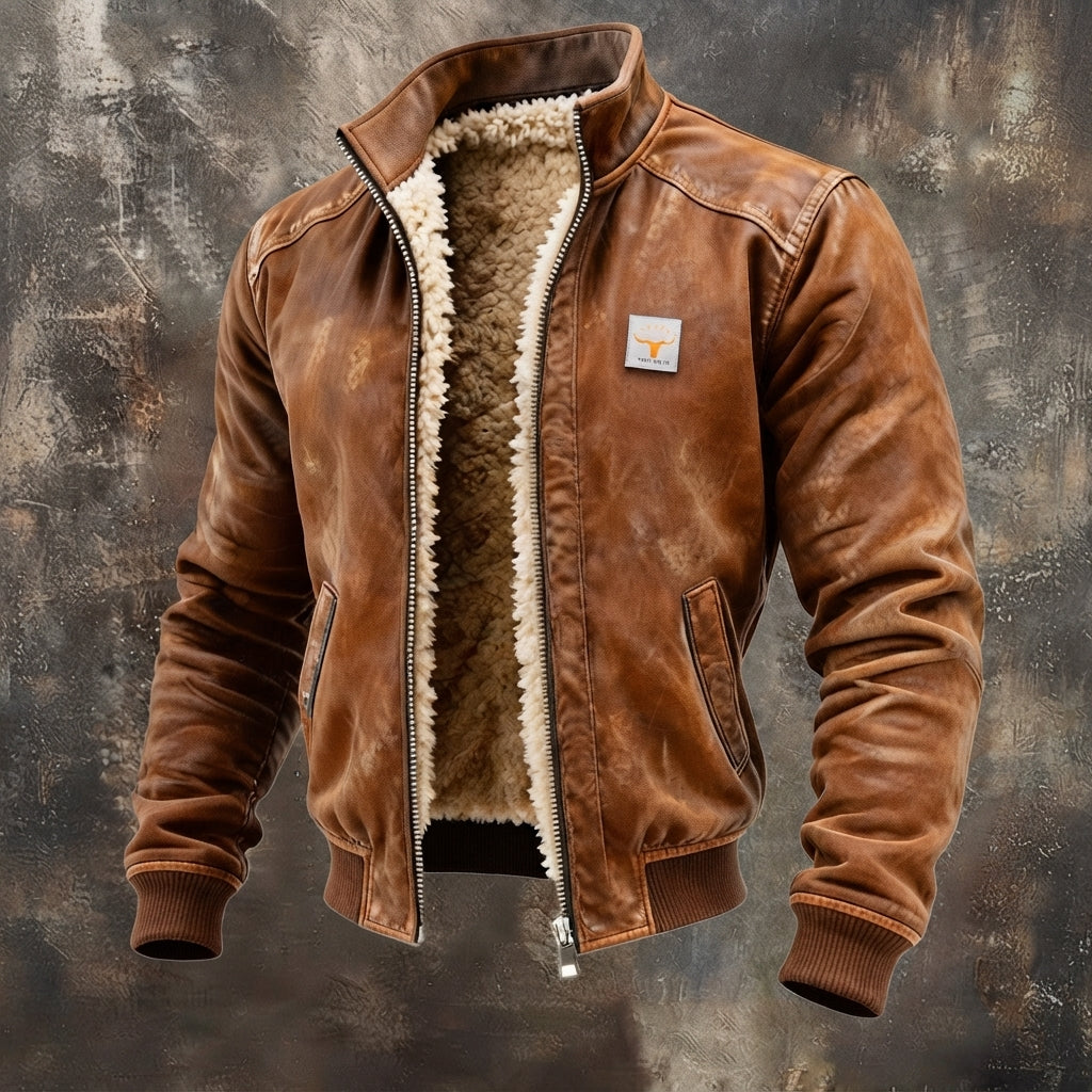 Men's Fleece-Lined Bomber Jacket with Stand Collar and Full Zip