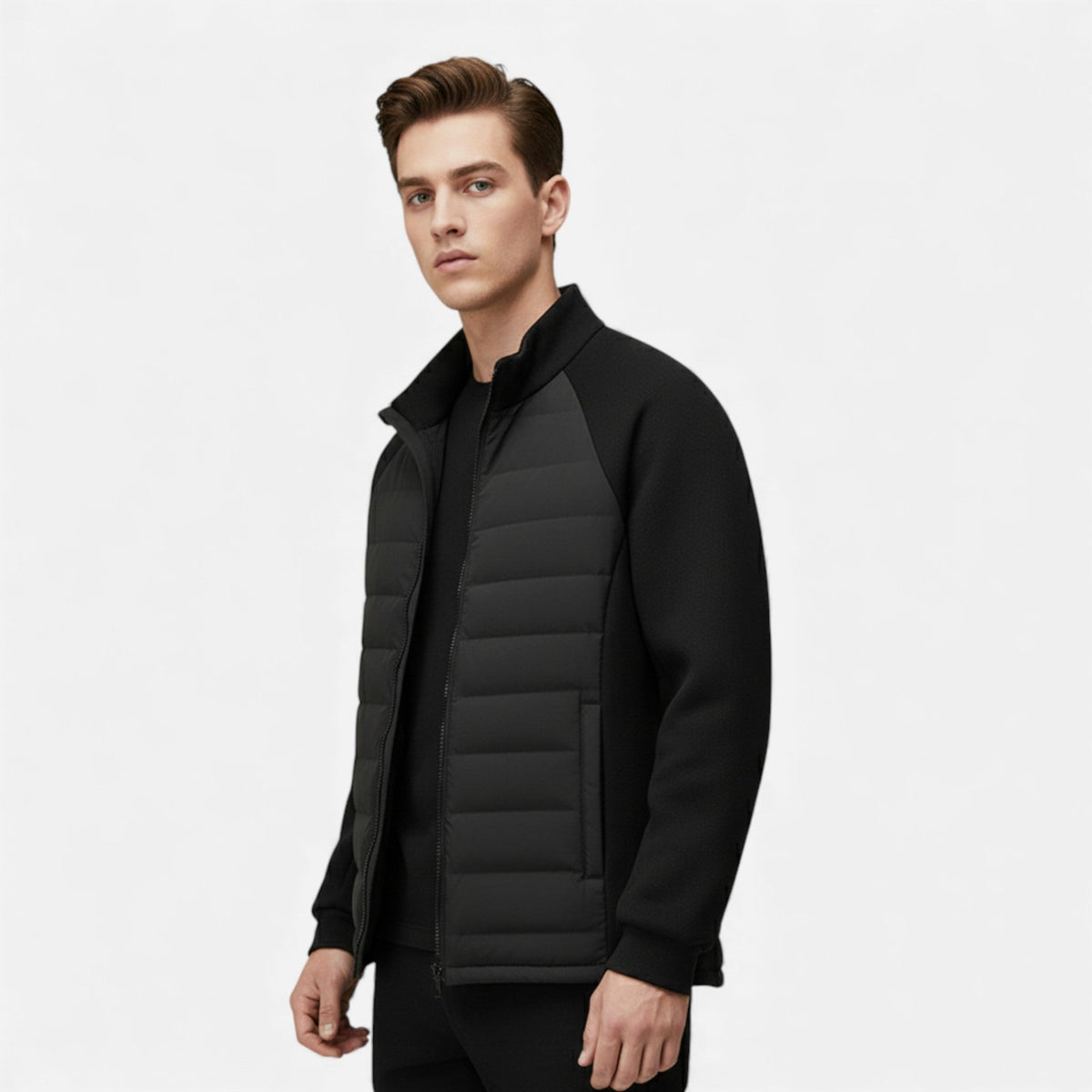 Men's High-Neck Puffer Jacket with Quilted Body and Zip Front