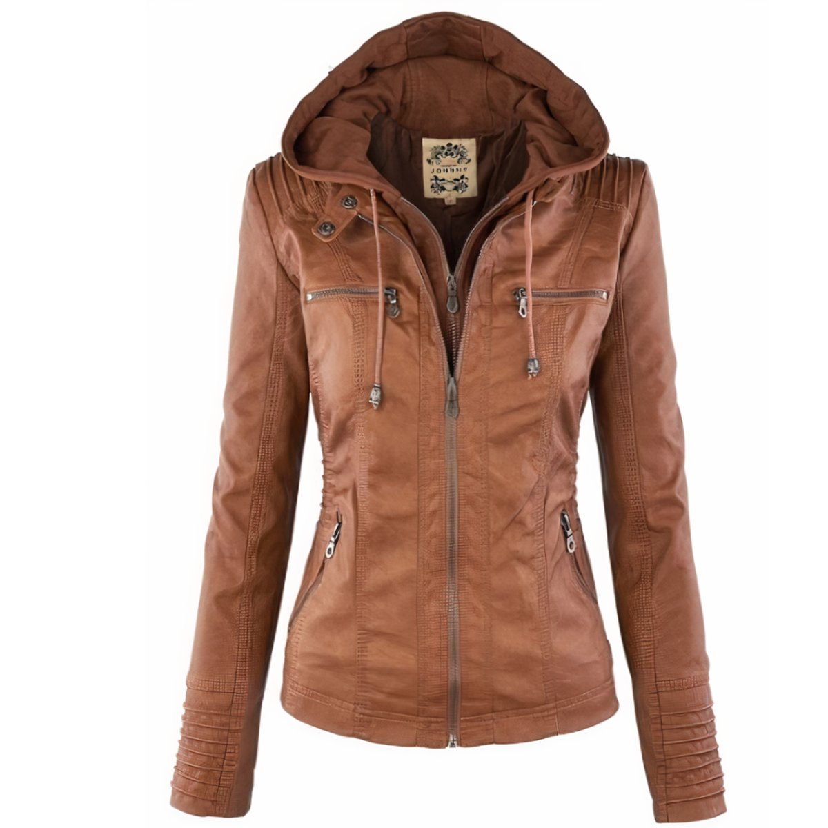 Hooded zip-up leather jacket - Brown
