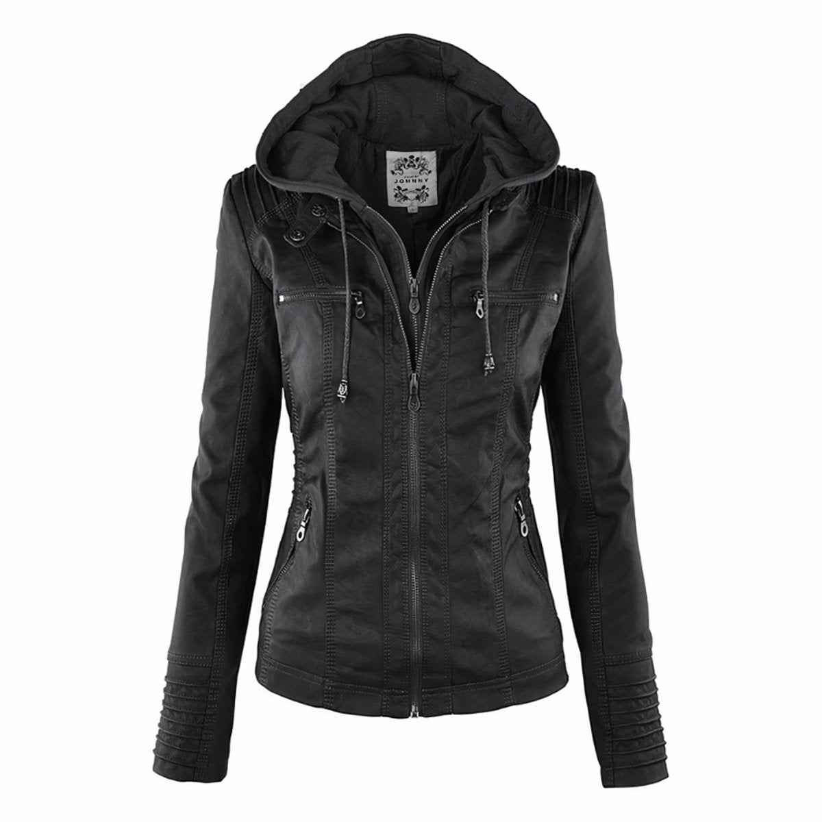 Hooded zip-up leather jacket - Black