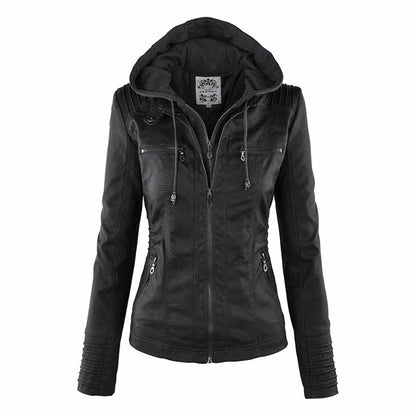 Hooded zip-up leather jacket - Black
