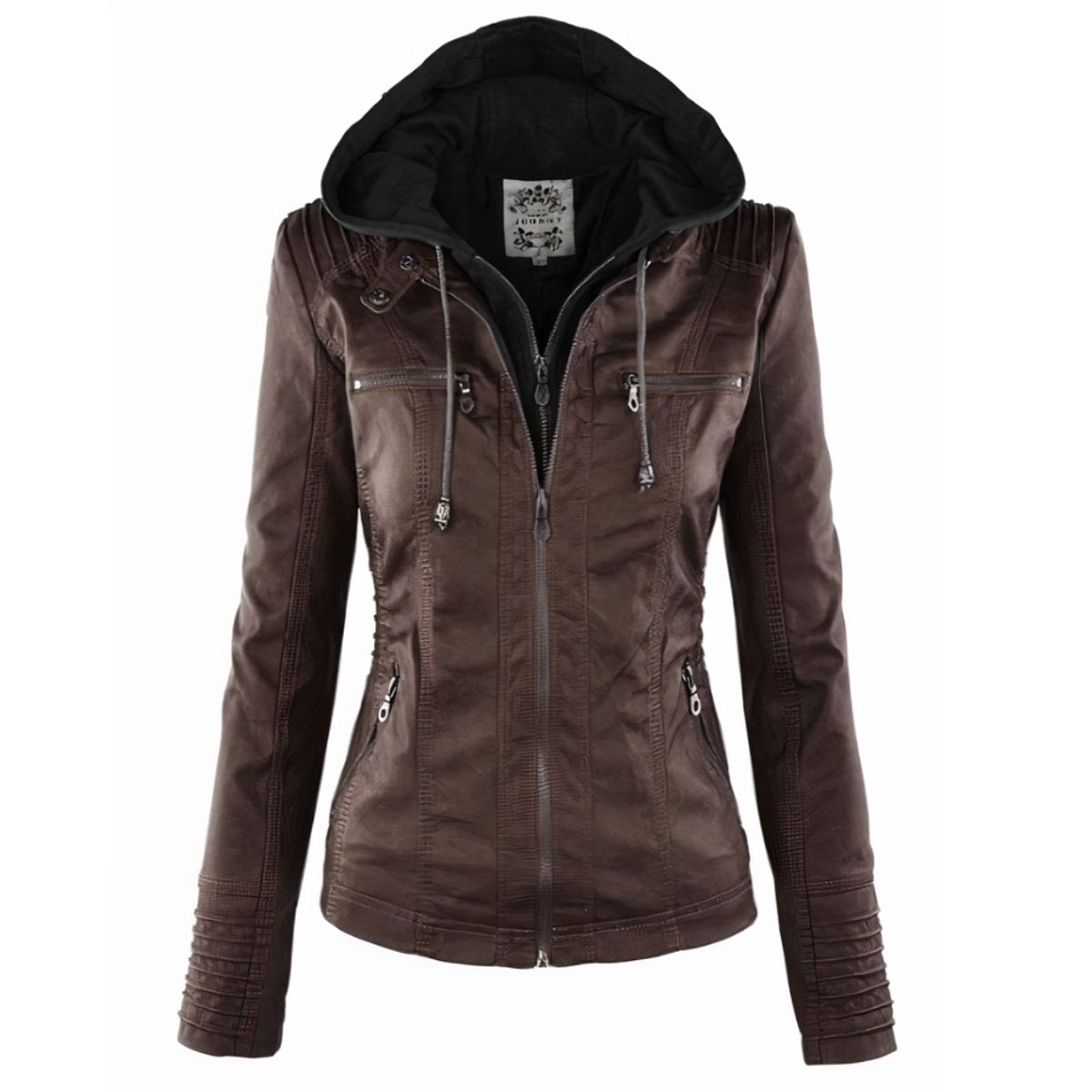 Hooded zip-up leather jacket - Dark Brown