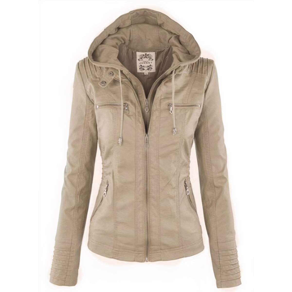 Hooded zip-up leather jacket - Beige