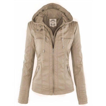 Hooded zip-up leather jacket - Beige