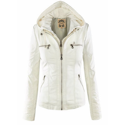 Hooded zip-up leather jacket - White