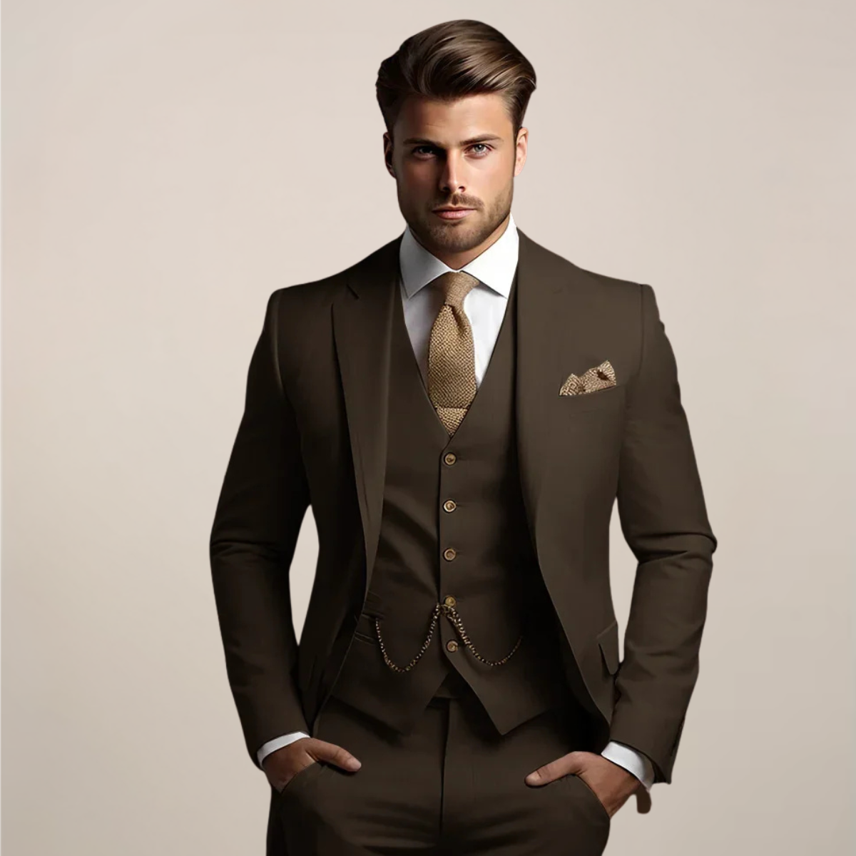 Ribbed slim-fit suit - Brown
