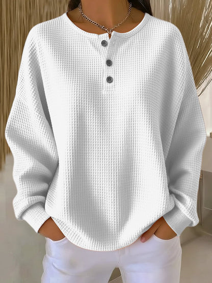 Women's Waffle Knit Henley Sweater – White