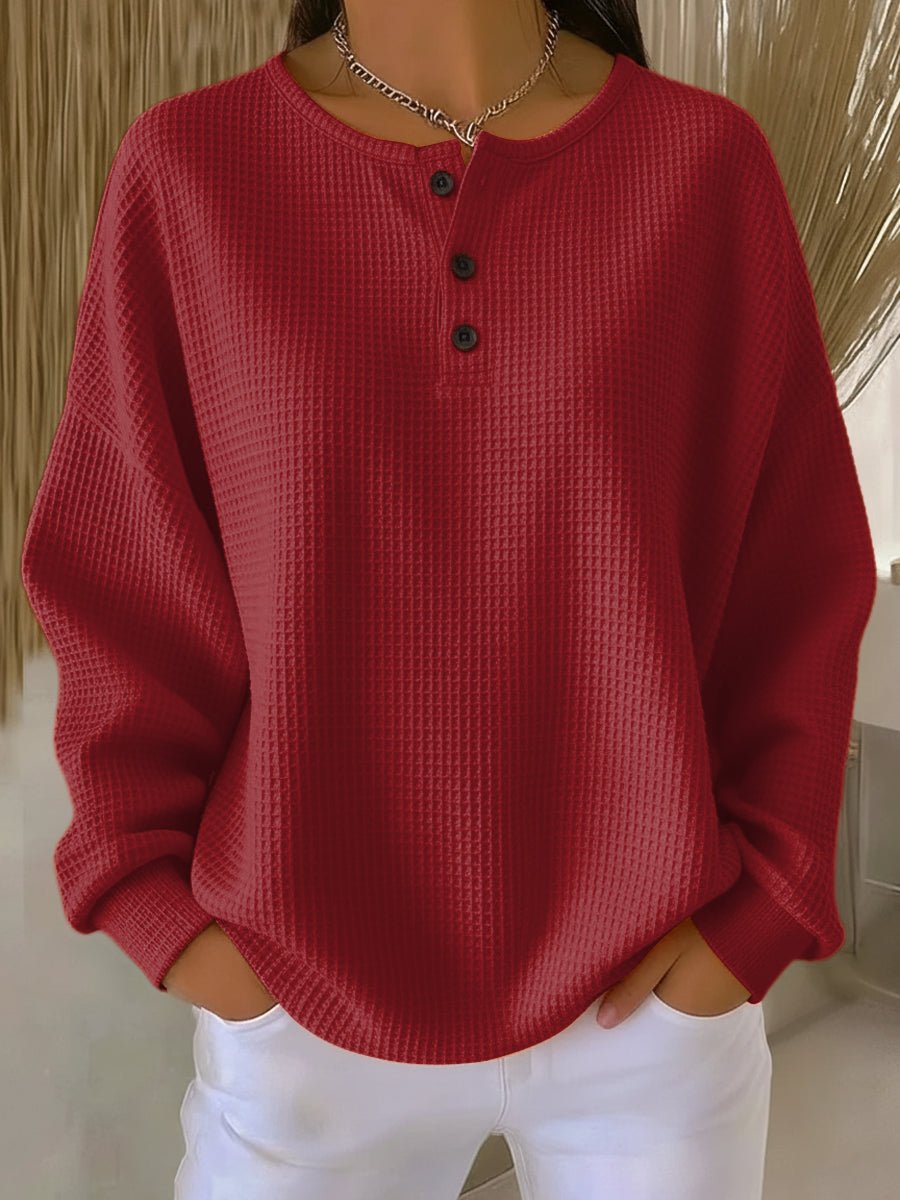 Women's Waffle Knit Henley Sweater – Red