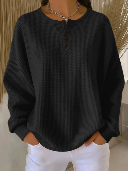 Women's Waffle Knit Henley Sweater – Black
