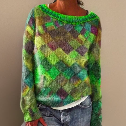 Women's Colorblock Argyle Knit Sweater – Green