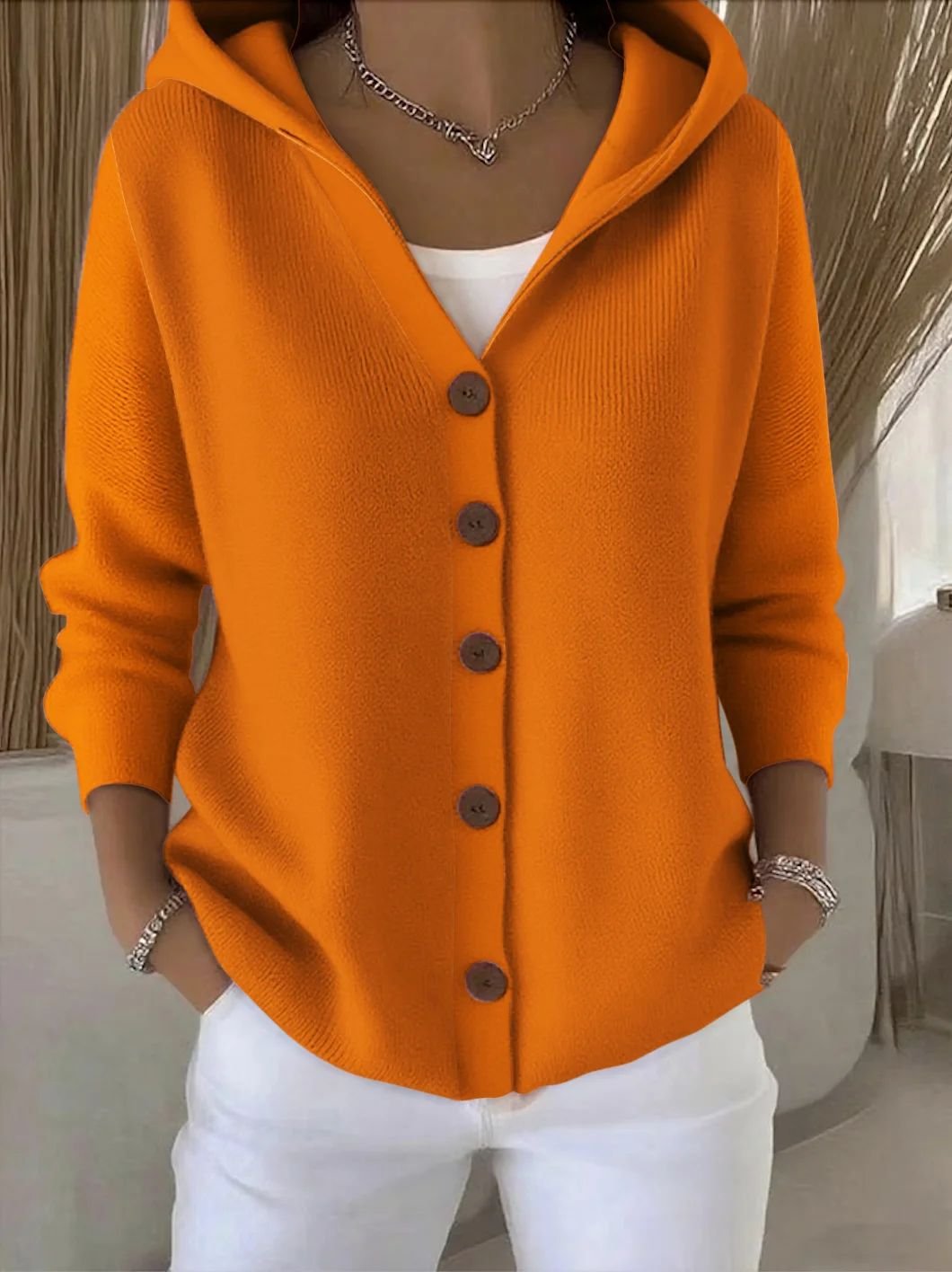 Women's Hooded Knit Cardigan – Orange
